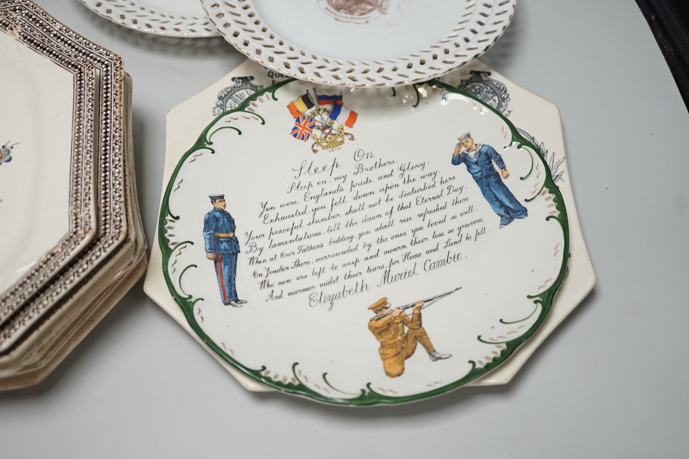 A collection of mostly late 19th and early 20th century commemorative plates, including eight octagonal plates by Wallis Gimson and Co., Balance of Payments etc.